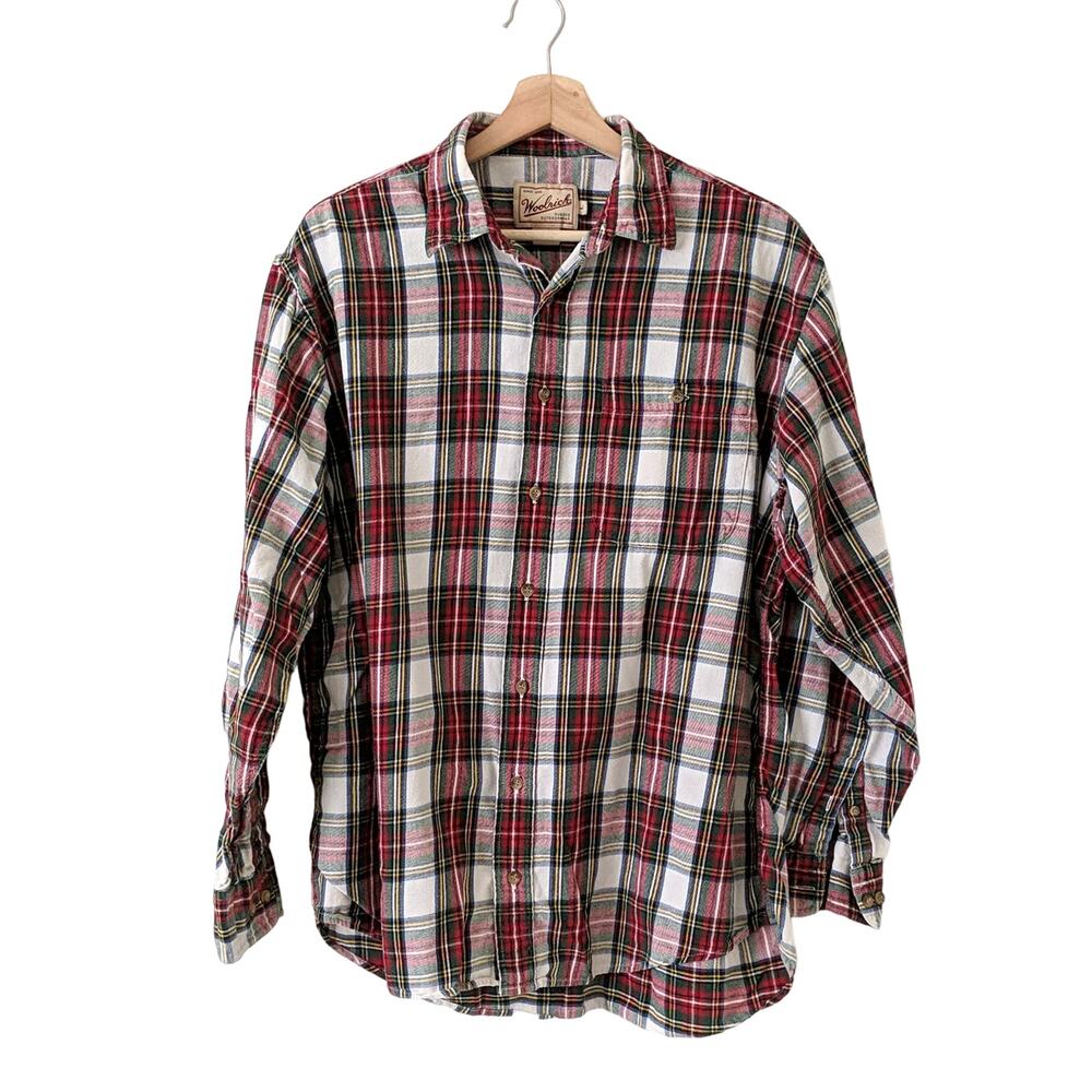 VTG Woolrich Plaid Mens Button Down Shirt 100% Cotton Red White Green Check L